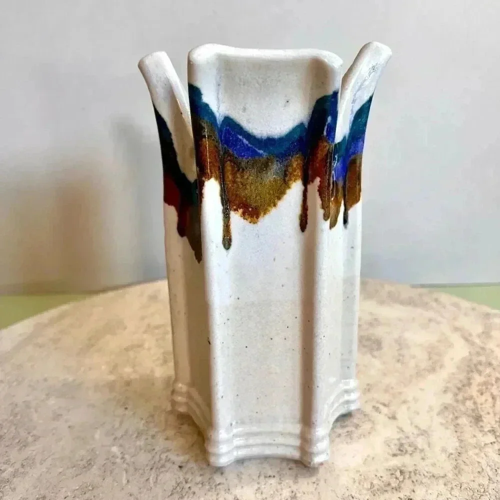 Vintage Flower Table Kitchen Vase White Blue‎ Pour Technique 4 x 7 Inches artist